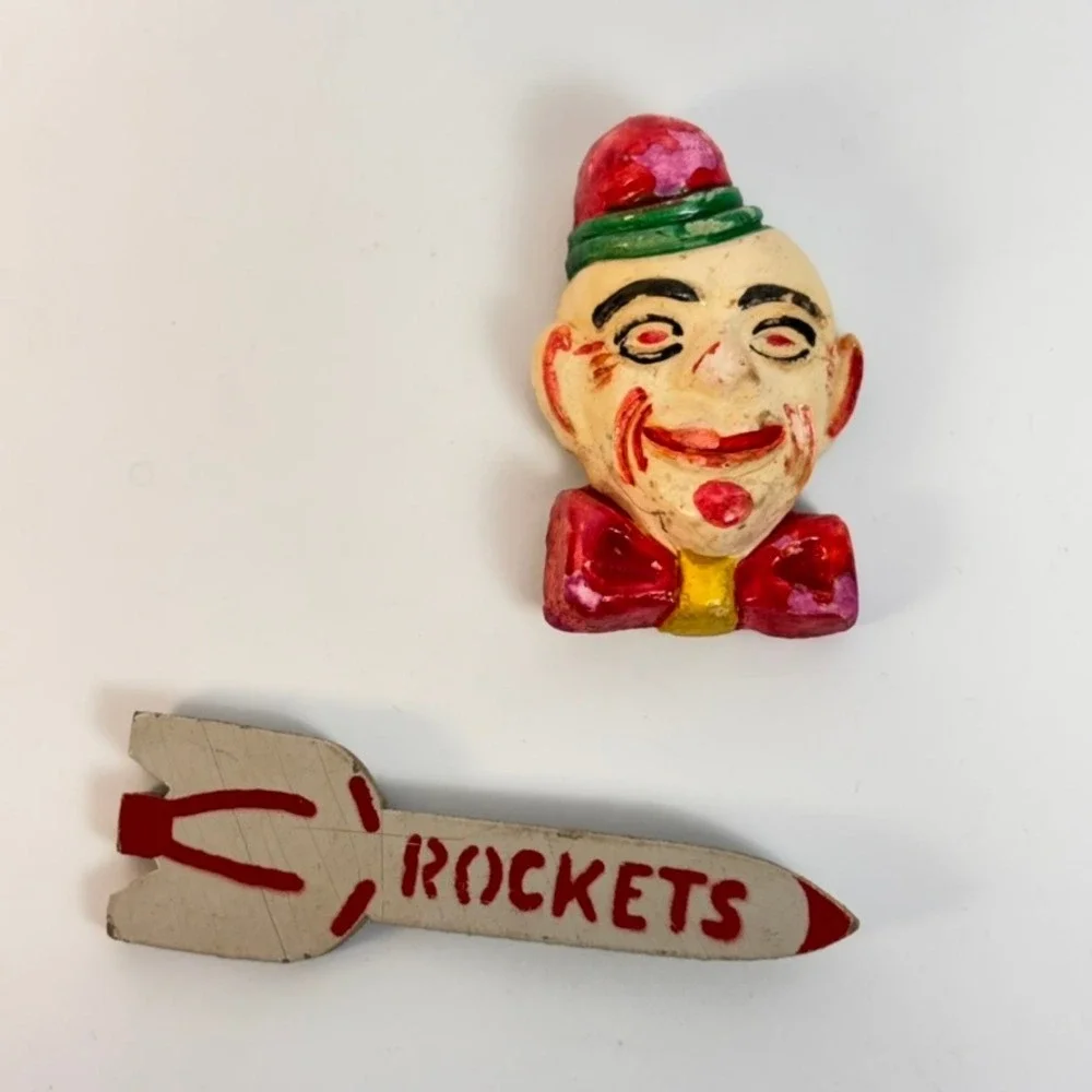 Vintage Pins Clown and Rocket Multicolor Weird Folk Art Kitsch 1950s Style Boho